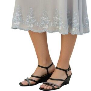 Kelly & Katie Wedge Sandals Womens 10W Wide Black Strappy Rhinestone 3" Wedge